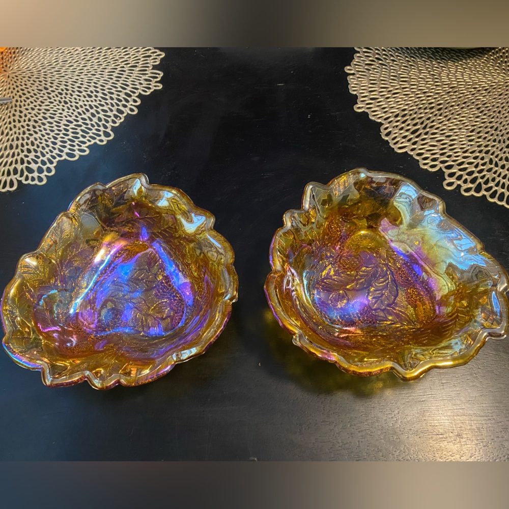 🍂 Vintage Marigold Carnival Glass Loganberry Pattern Set of Two Bowls